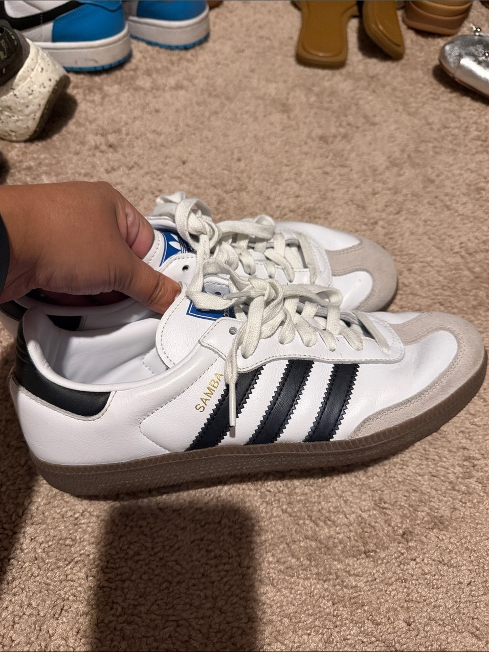 adidas White Sneakers with Black Stripes and Gum Sole